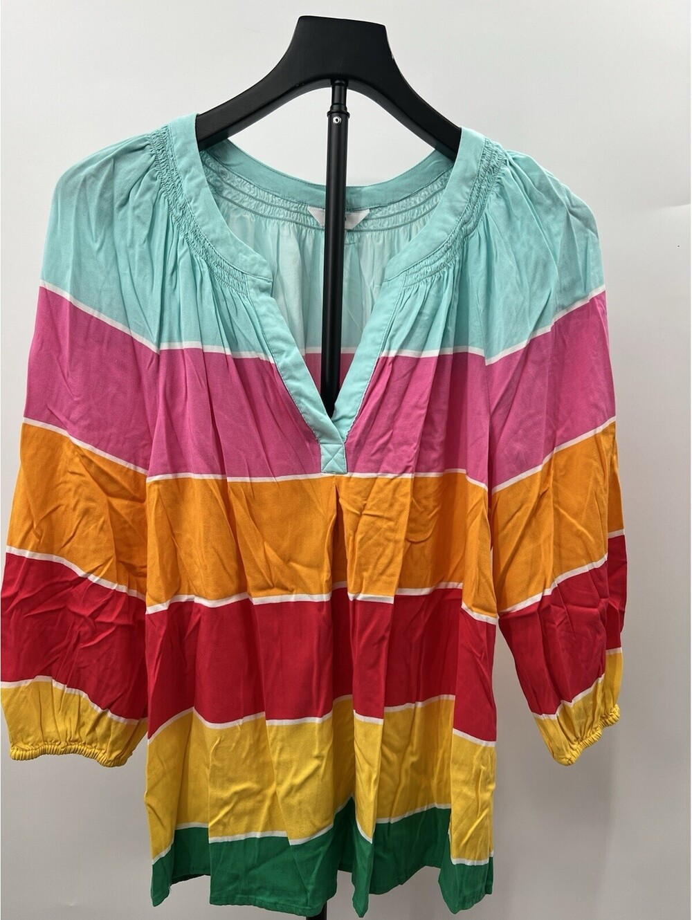 Crown & Ivy Top Womens Colorblock Stripe Tunic Blouse Split Neck 3/4 Sleeve M